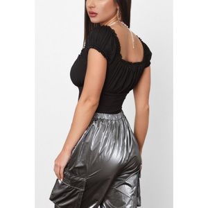 Oh Polly Tops - Black ruffled scrunched victorian bodysuit Oh Polly Tops - Black ruffled scrunched victorian bodysuit